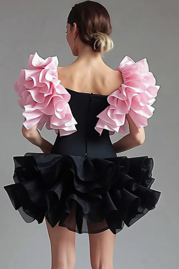 Chic Ruffled A Line Black Pink Mini Dress